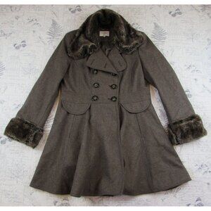 NEW Laundry Shelli Segal Wool Bld double brested Fit & Flare Coat fur trim 14